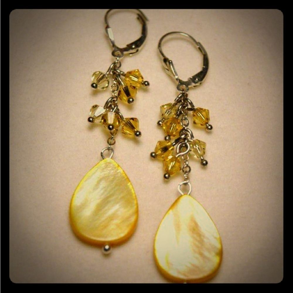 Handmade Yellow Shell & Crystal Sterling Silver Earrings